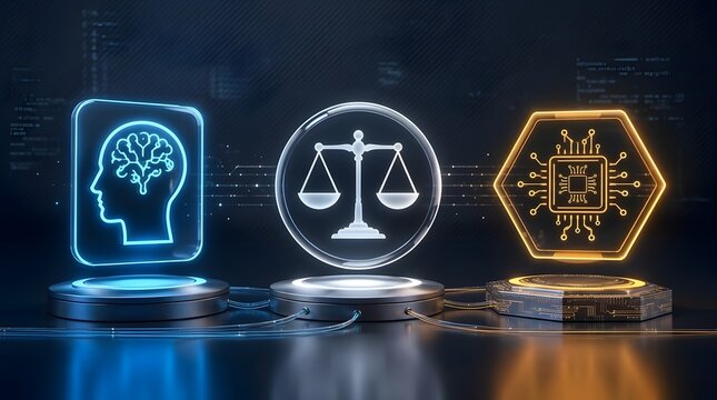 Conceptual digital illustration of artificial intelligence ethics and law featuring glowing icons of a human brain, scales of justice, and a computer chip on a dark futuristic background.