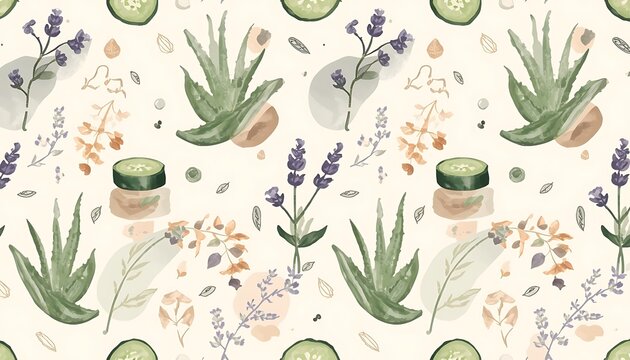 Watercolor Pattern of Natural Botanical Skin Care Ingredients and Organic Cosmetic Elements