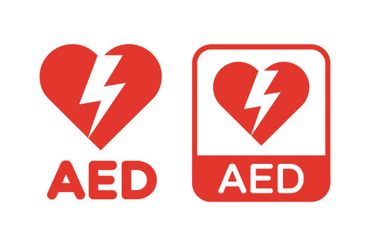 AED Icon Banner Vector featuring automated external defibrillator emergency medical signage, cardiac rescue equipment, first aid, healthcare, and safety symbol