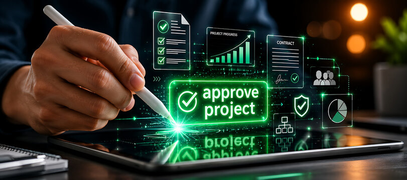 Digital approve project holographic interface on tablet screen with business workflow documents for corporate decision making and management.