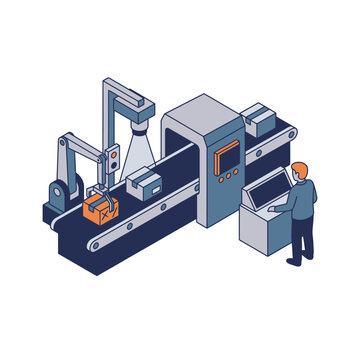 Creative Isometric of Modern Industrial Automation with Worker Monitoring Machinery and Packaging Line