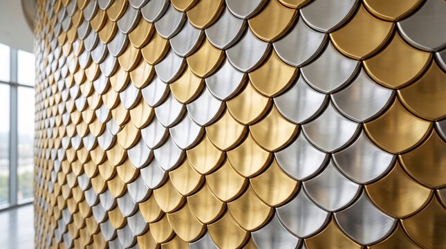 3D Image Golden eagle on the wall, Hexagonal honeycomb wall with gold silver tiles, modern reflective interior design.