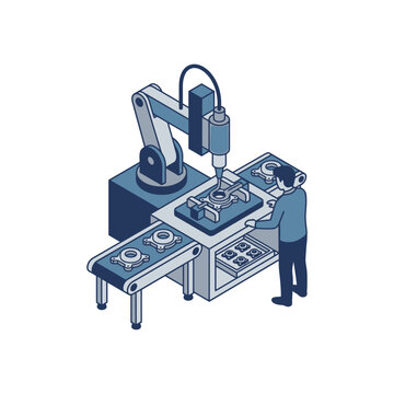 Industrial of a Worker Operating a CNC Machining Robot Producing Engine Components in a Factory