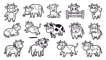 Obraz premium Cute Cow and Calf Hand Drawn Doodle Set – Naive Farm Animal, Dairy and Livestock Vector Illustration