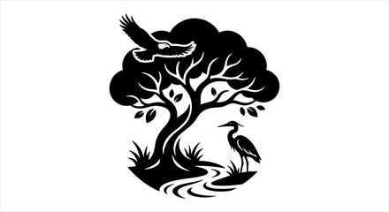 Fototapeta premium Stylized Silhouette of Nature Scene with Birds and Tree.