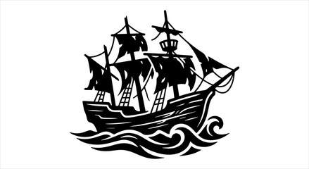 Black and White Silhouette of a Majestic Sailing Ship on Wavy Waters. © Firza
