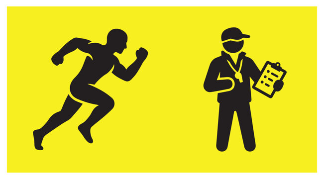 Black silhouette icon of male runner sprinting past a coach holding a clipboard on yellow background with running man running track training session
