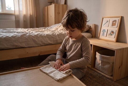 Child Folding Clothes Independently During Daily Life Skills Activity