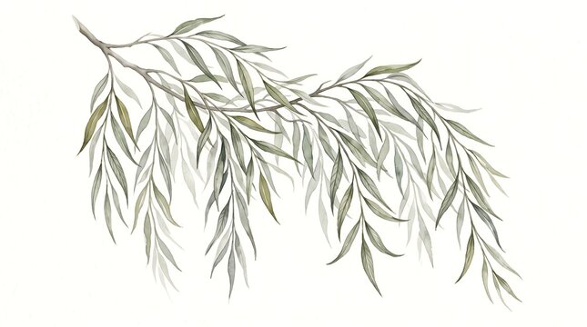 Hand painted watercolor willow branch with hanging green leaves