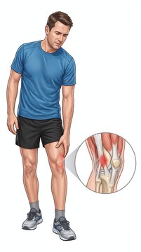 Man experiencing knee pain with anatomical illustration of strained knee ligaments and muscles