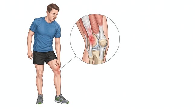 Man experiencing knee pain with anatomical illustration of injured muscle fibers and knee joint