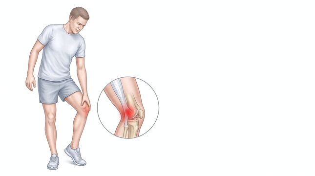 Man experiencing knee pain with close up anatomical illustration of inflamed knee joint