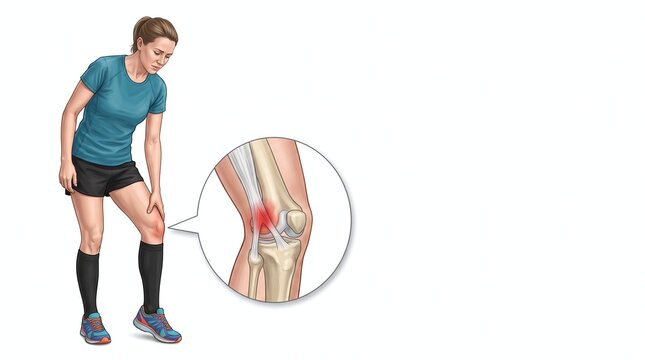 Female runner experiencing knee pain with a detailed anatomical illustration of a strained ligament