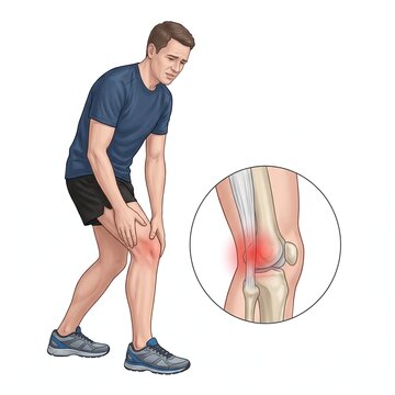 Man experiencing knee pain with anatomical diagram showing joint inflammation and tenderness