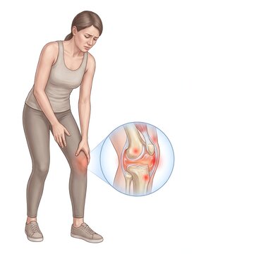 Woman holding knee with pain showing inflamed joint detail on white background