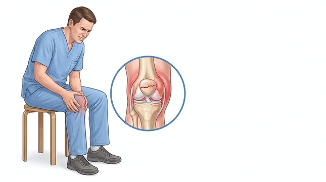 Man in medical scrubs experiencing knee pain with illustration showing fractured kneecap