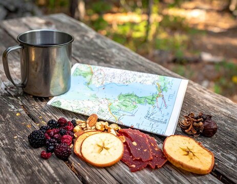 Outdoor Camping Trail Snacks with Map Dried Fruits Berries and Stainless Mug on Wooden Table