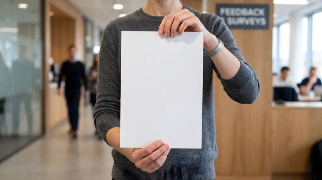 Hands holding blank questionnaire sheet for survey template mockup