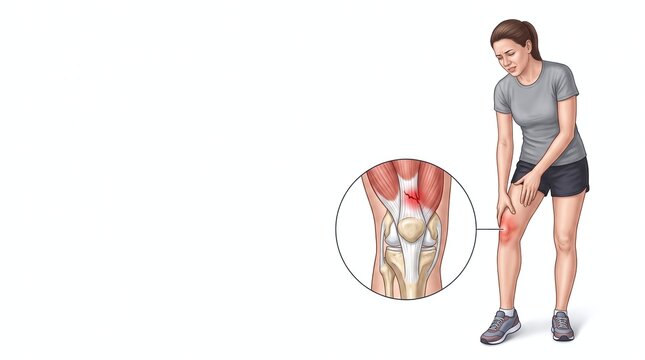Female experiencing knee pain with close up illustration showing muscle tear near the kneecap