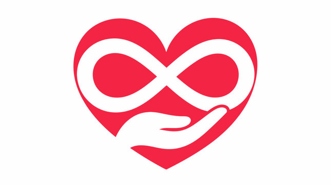 Red heart with infinity symbol and cradling hand.