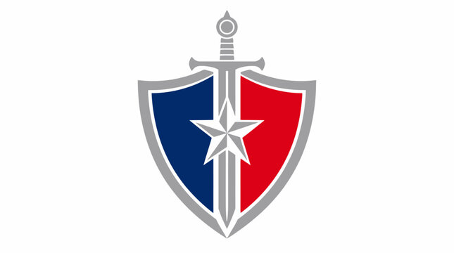 Patriotic shield logo with sword and star symbol.