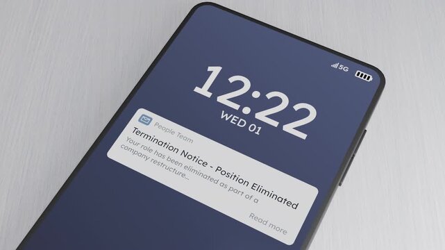 Layoff and termination notice email received on a 3d generic smartphone on a desk, corporate job loss and restructuring concept