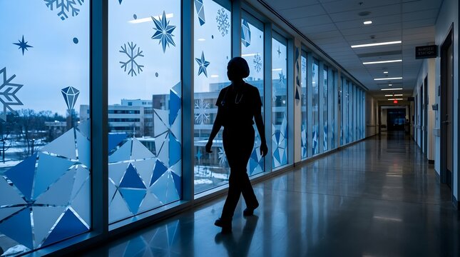 Silhouette of a modern healthcare professional walking in a clinical hallway with festive winter decorations