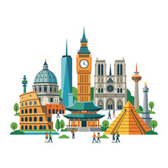 Obraz premium Flat vector illustration featuring global landmarks including the Roman Colosseum, London's Big Ben, Notre Dame, New York's Freedom Tower, and Chichen Itza with diverse tourists walking.