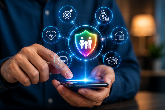 Smartphone displays shield with family icons surrounded by life, car, home, education, and money symbols for comprehensive insurance.
