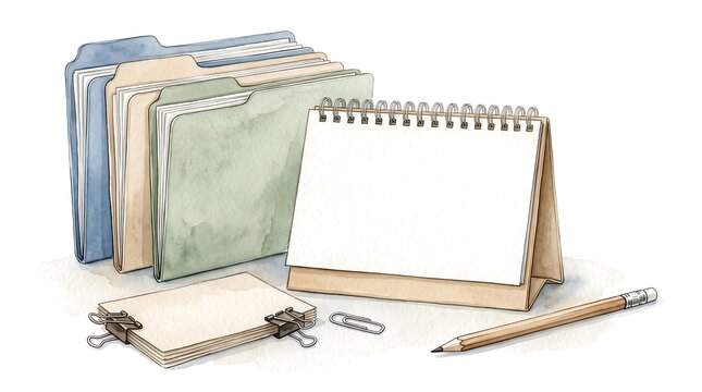 Watercolor office supplies with folders calendar and pencil on white background