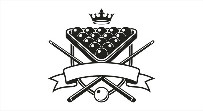 Billiard Balls Crown Crossed Cues Emblem with Banner.