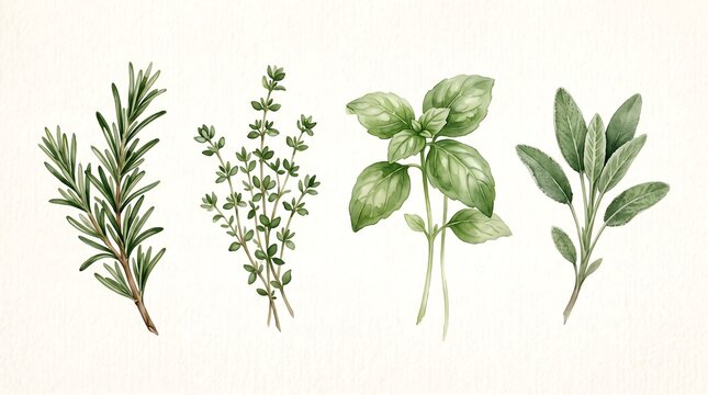 Watercolor set of fresh green culinary herbs on textured paper background