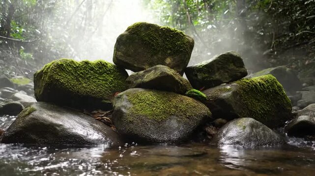 Mossy Stone Altar. Ancient & Untouched Tropical Forest. Pristine Nature. River stones completely encased in ancient green moss, set in a shallow, misty stream bed where the water flows silently
