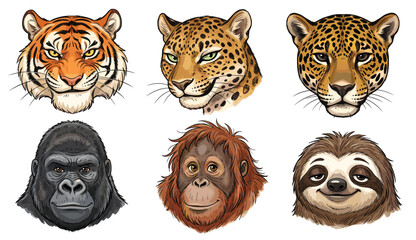 Fototapeta premium Wild animal portrait collection featuring tiger, leopard, jaguar, gorilla, orangutan, sloth illustrations.