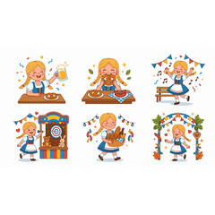 Fototapeta premium Oktoberfest girl in dirndl character set with traditional food and festive carnival activities illustration
