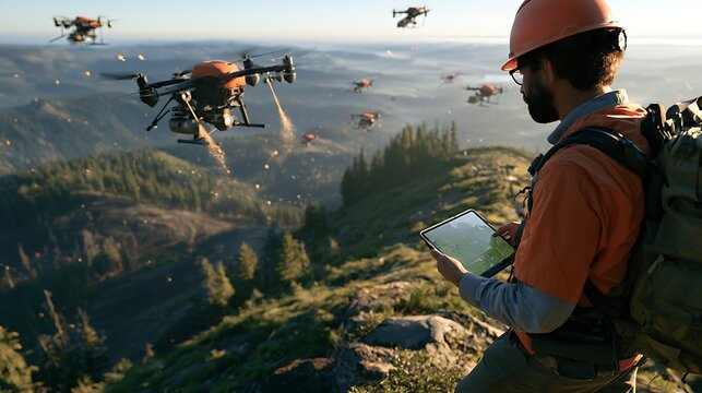 Planting innovative drone reforestation program in operation, fleet of seed-firing drones flying low over deforested hillside, drone pods visible firing seed projectiles into soil below, project 