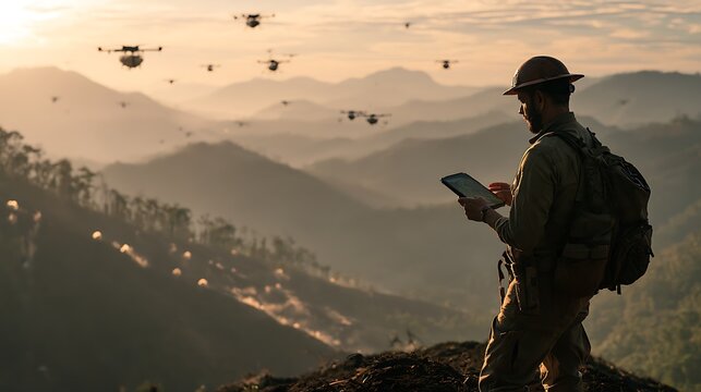 Planting innovative drone reforestation program in operation, fleet of seed-firing drones flying low over deforested hillside, drone pods visible firing seed projectiles into soil below, project 