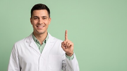 Naklejka premium Friendly male healthcare professional pointing up on green background 