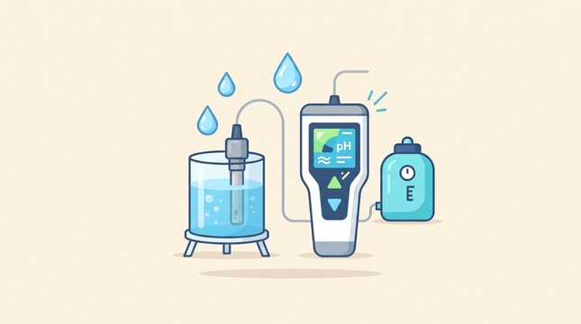 Treated wastewater quality monitoring equipment with water sample container and sensor probe for checking purity, pH balance and safe water reuse.