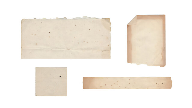 Set of vintage paper scraps and torn pages with aged texture isolated on white background