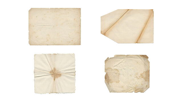Set of four vintage aged paper textures with creases and stains isolated on white background