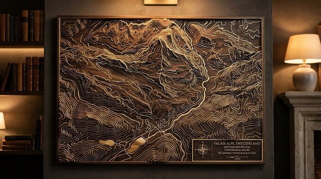Wooden topographic relief map of Valais Alps Switzerland