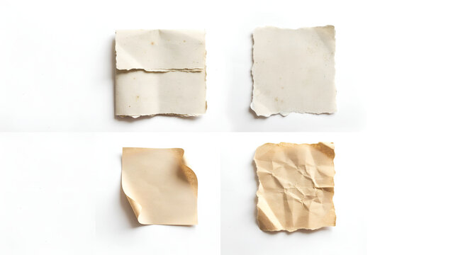 Set of four aged, torn, and folded paper pieces with vintage texture, isolated on white background