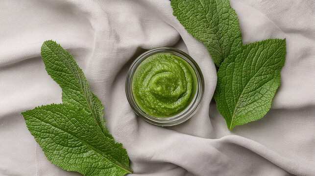 Top view of green herbal paste in glass jar with fresh burdock leaves, natural organic skincare still life