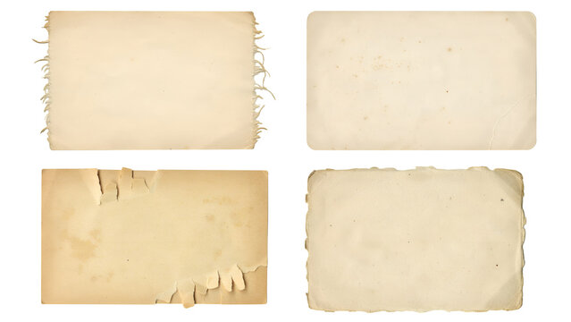 Set of four vintage paper textures with torn edges and aged stains isolated on white background