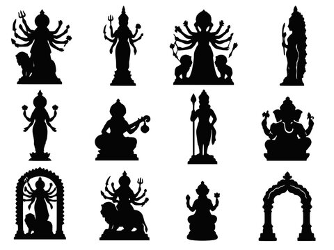 Durga Puja Pratima Idol Silhouette Vector Icon Set &ndash; Hindu Deity Statue Forms Temple Arch Transparent Background