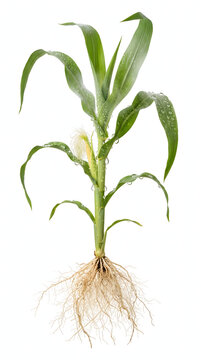 A full studio shot of a young green maize corn plant showing its complete fibrous root system, stalk, leaves with fresh water droplets, and a developing ear of corn, isolated against a pure white b...