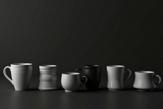 A study of contrasting shapes and shades in a minimalist arrangement of ceramic mugs