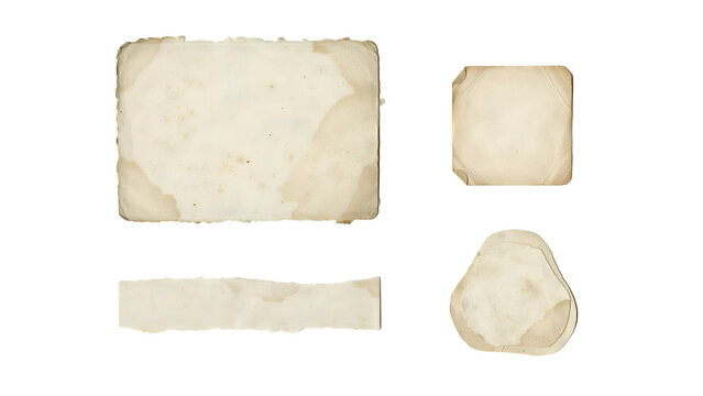Set of vintage paper scraps and old photo frames with stained texture isolated on white background