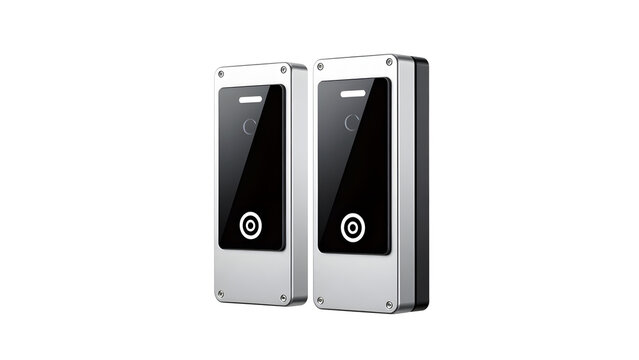 Two modern electronic access control keypads for secure building entry systems.